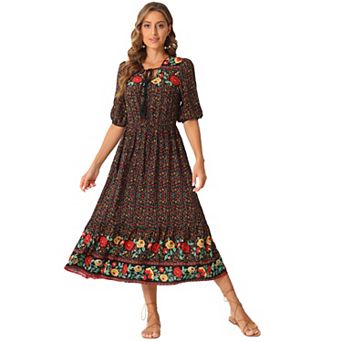 Boho Midi Dress for Women's Drawstring V Neck Short Sleeve Dresses