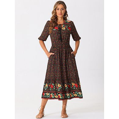 Boho Midi Dress for Women's Drawstring V Neck Short Sleeve Dresses