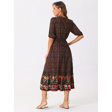Boho Midi Dress for Women's Drawstring V Neck Short Sleeve Dresses
