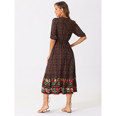 Boho Midi Dress for Women's Drawstring V Neck Short Sleeve Dresses