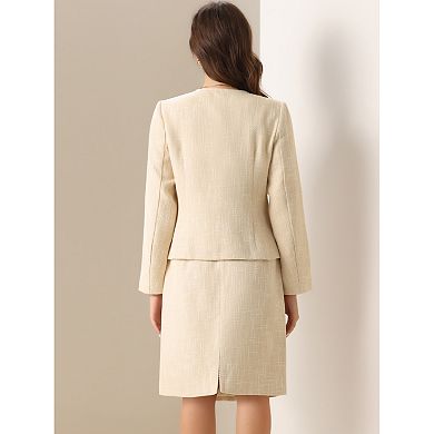 Suit Set for Women's 2 Piece Outfits Tweed Peplum Collarless Blazer Jacket and Skirt Sets