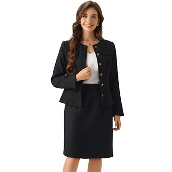 Suit Set for Women's 2 pc Outfits Tweed Peplum Collarless Blazer Jacket and Skirt Sets