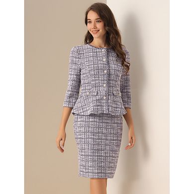 Women's 2 Piece Tweed Business Suit Button Down 3/4 Sleeve Jacket Pencil Skirt Elegant Skirt Set