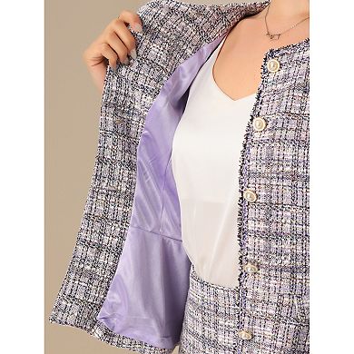Women's 2 Piece Tweed Business Suit Button Down 3/4 Sleeve Jacket Pencil Skirt Elegant Skirt Set