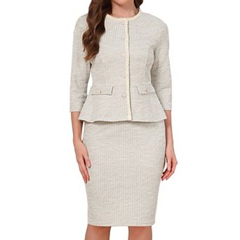 Women's 2 pc Tweed Business Suit Button Down 3/4 Sleeve Jacket Pencil Skirt Elegant Skirt Set