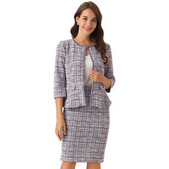 Women's 2 pc Tweed Business Suit Button Down 3/4 Sleeve Jacket Pencil Skirt Elegant Skirt Set