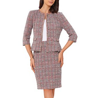 Women's 2 pc Tweed Business Suit Button Down 3/4 Sleeve Jacket Pencil Skirt Elegant Skirt Set