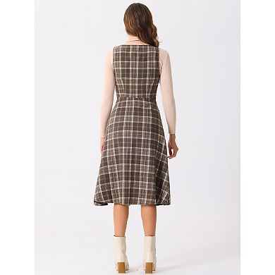 Women's Plaid Vintage Dress Sleeveless High Waist A-Line Midi Pinafore Dress with Pocket