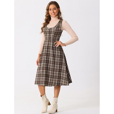 Women's Plaid Vintage Dress Sleeveless High Waist A-Line Midi Pinafore Dress with Pocket