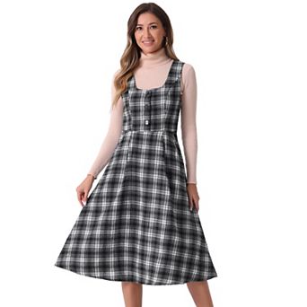 Women's Plaid Vintage Dress Sleeveless High Waist A-Line Midi Pinafore Dress with Pocket