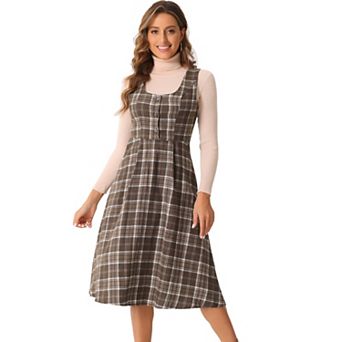Women's Plaid Vintage Dress Sleeveless High Waist A-Line Midi Pinafore Dress with Pocket