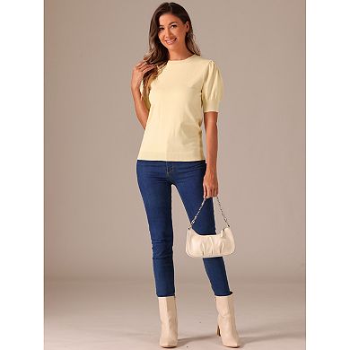 Women's Ribbed Knit Top Crew Neck Lantern Short Sleeve Casual Blouse