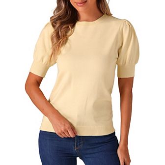 Women's Ribbed Knit Top Crew Neck Lantern Short Sleeve Casual Blouse