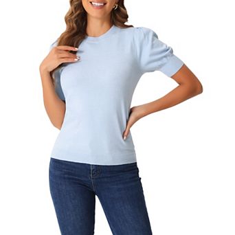 Women's Ribbed Knit Top Crew Neck Lantern Short Sleeve Casual Blouse