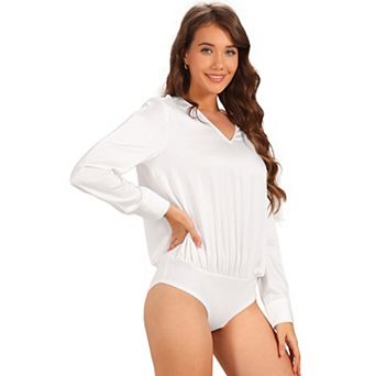 Satin Leotard for Women's V Neck Long Sleeve Formal Bodysuit Tops