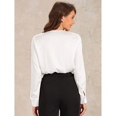 Satin Leotard for Women's V Neck Long Sleeve Formal Bodysuit Tops