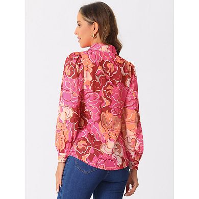 Women's Floral Print Shirt Button Up Puffy Long Sleeve Fashion Casual Blouse Top