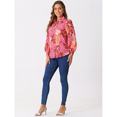 Women's Floral Print Shirt Button Up Puffy Long Sleeve Fashion Casual Blouse Top