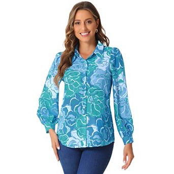 Women's Floral Print Shirt Button Up Puffy Long Sleeve Fashion Casual Blouse Top