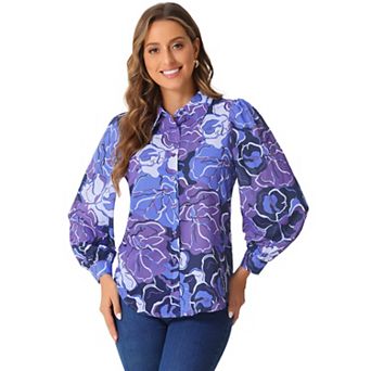 Women's Floral Print Shirt Button Up Puffy Long Sleeve Fashion Casual Blouse Top