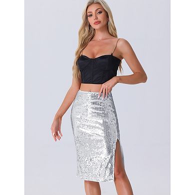 Women's Glitter Sequin Skirt Side Slit High Waist Party Club Midi Pencil Skirt