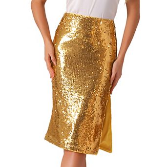 Women's Glitter Sequin Skirt Side Slit High Waist Party Club Midi Pencil Skirt
