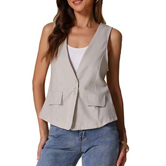 Women's Casual Linen Vest Loose Sleeveless Blazer Lightweight Jacket Waistcoat