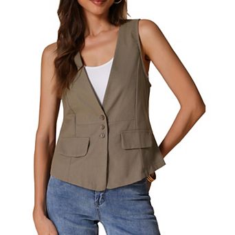 Women's Casual Linen Vest Loose Sleeveless Blazer Lightweight Jacket Waistcoat