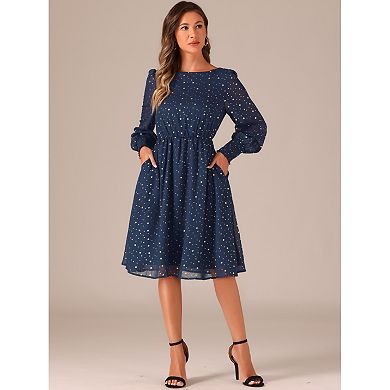 Women's Puffy Long Sleeve Elastic Waist Glitter Stars Boat Neck Mesh Casual Dress