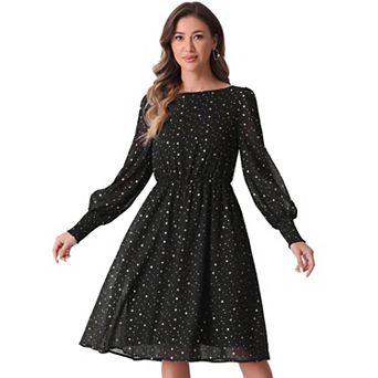 Women's Puffy Long Sleeve Elastic Waist Glitter Stars Boat Neck Mesh Casual Dress