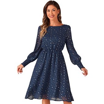 Women's Puffy Long Sleeve Elastic Waist Glitter Stars Boat Neck Mesh Casual Dress