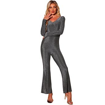Glitter Jumpsuit for Women's Sparkly Wide Leg V Neck Club Party Jumpsuits