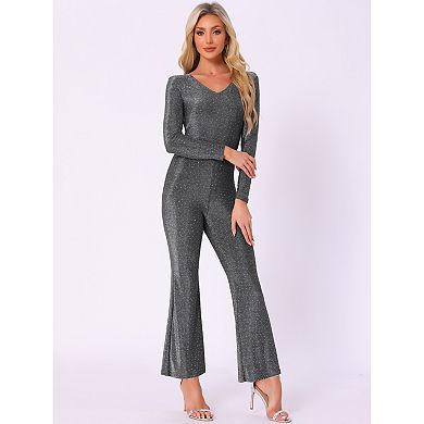 Glitter Jumpsuit for Women's Sparkly Wide Leg V Neck Club Party Jumpsuits