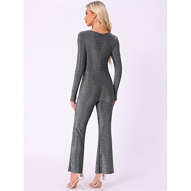 Glitter Jumpsuit for Women's Sparkly Wide Leg V Neck Club Party Jumpsuits