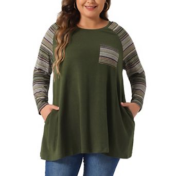 Plus Size Tunic Tops for Women Long Sleeve Raglan Color Block Knit Pullover Fall Shirts with Pockets