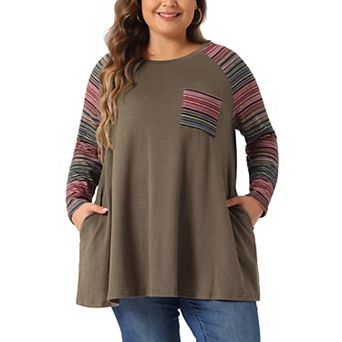 Plus Size Tunic Tops for Women Long Sleeve Raglan Color Block Knit Pullover Fall Shirts with Pockets