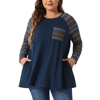 Plus Size Tunic Tops for Women Long Sleeve Raglan Color Block Knit Pullover Fall Shirts with Pockets