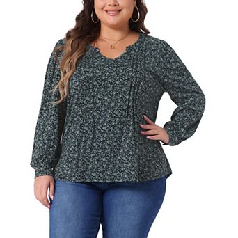 Plus Size Top for Women Long Sleeve Pleated Notch V Neck Floral Tunic Blouses Dressy Casual