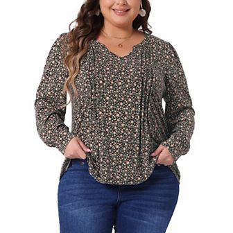 Plus Size Top for Women Long Sleeve Pleated Notch V Neck Floral Tunic Blouses Dressy Casual