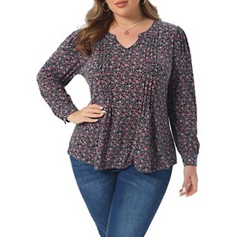Plus Size Top for Women Long Sleeve Pleated Notch V Neck Floral Tunic Blouses Dressy Casual