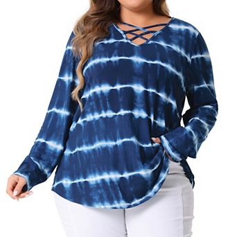 Plus Size Tops for Women Tie Dye Criss Cross V Neck Shirt Casual Basic Loose Fit Blouses