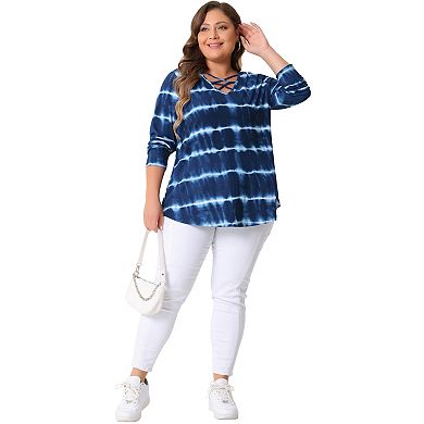 Plus Size Tops for Women Tie Dye Criss Cross V Neck Shirt Casual Basic Loose Fit Blouses