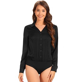 Button Down Business Bodysuit for Women's One-piece Collared Long Sleeve Work Shirt Casual Tops