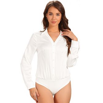 Button Down Business Bodysuit for Women's One-piece Collared Long Sleeve Work Shirt Casual Tops