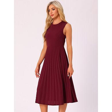 Women's Sleeveless Pleated Ruffle Hem Crew Neck Tank Knitted Elegant Midi Dress