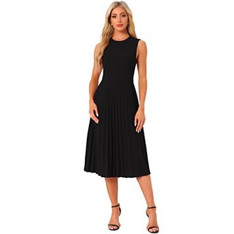 Women's Sleeveless Pleated Ruffle Hem Crew Neck Tank Knitted Elegant Midi Dress