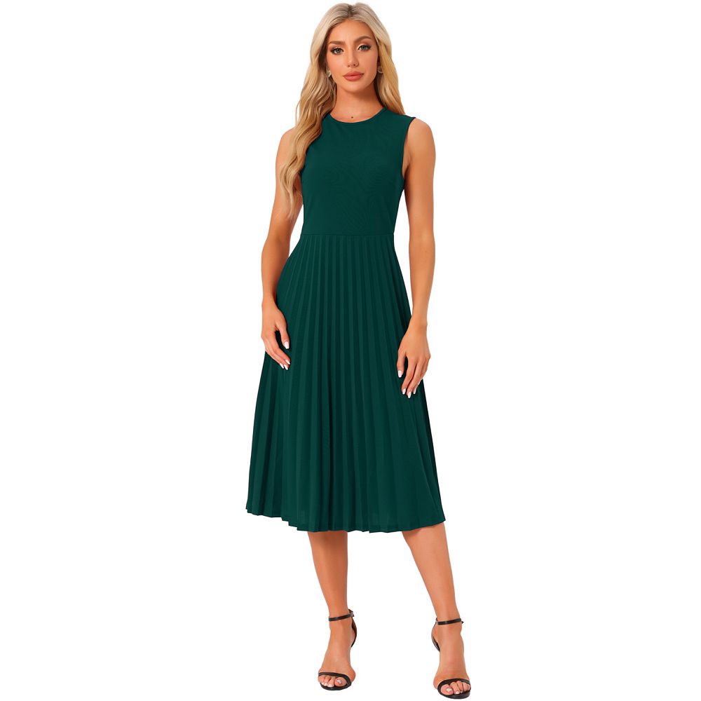 Women's Sleeveless Pleated Ruffle Hem Crew Neck Tank Knitted Elegant Midi  Dress