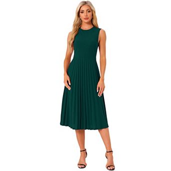 Women's Sleeveless Pleated Ruffle Hem Crew Neck Tank Knitted Elegant Midi Dress