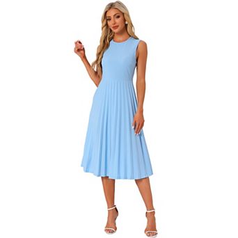 Women's Sleeveless Pleated Ruffle Hem Crew Neck Tank Knitted Elegant Midi Dress