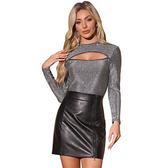 Sparkle Cut Out Top for Women's Mock Neck Long Sleeve Party Glitter Tops